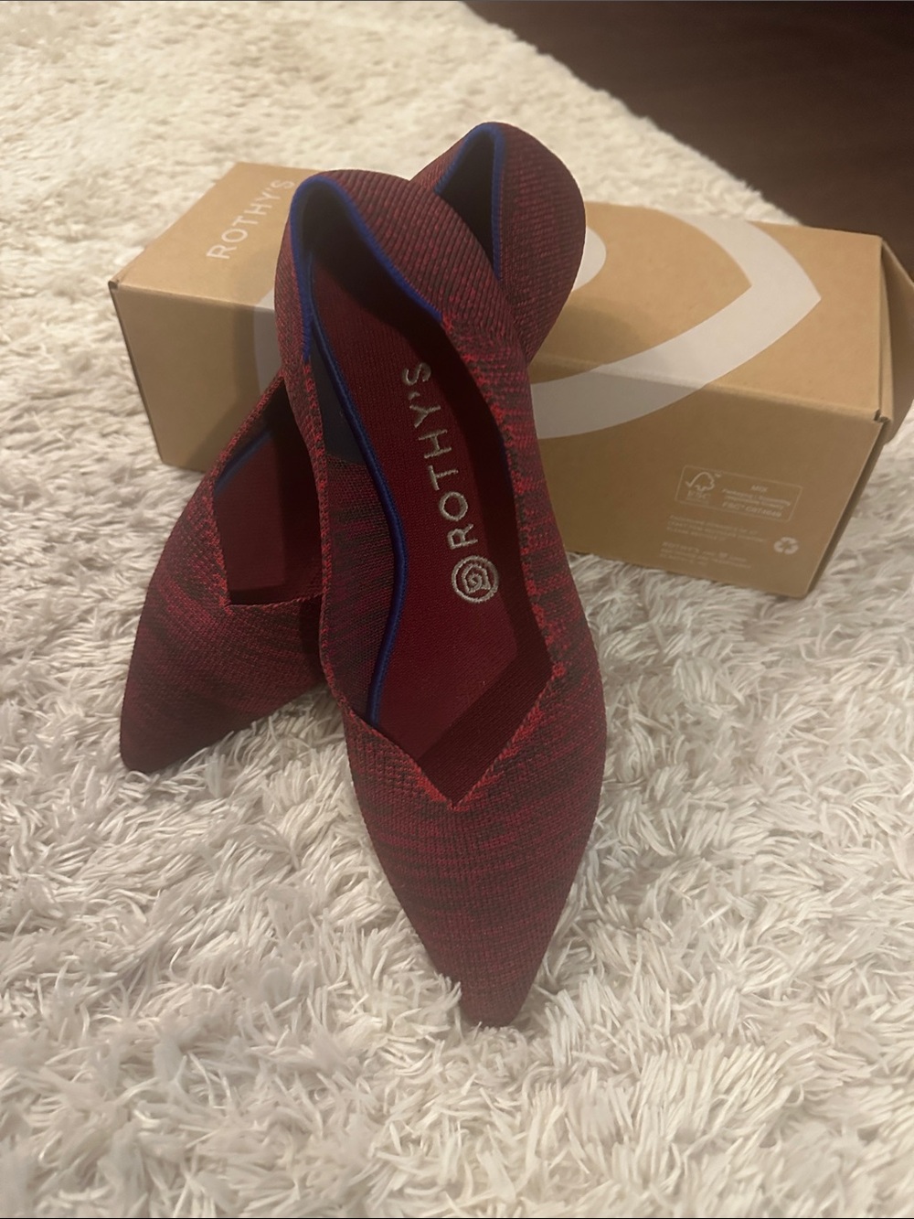 Rothy's Burgundy Knit Pointed-Toe Flats with Black Accents